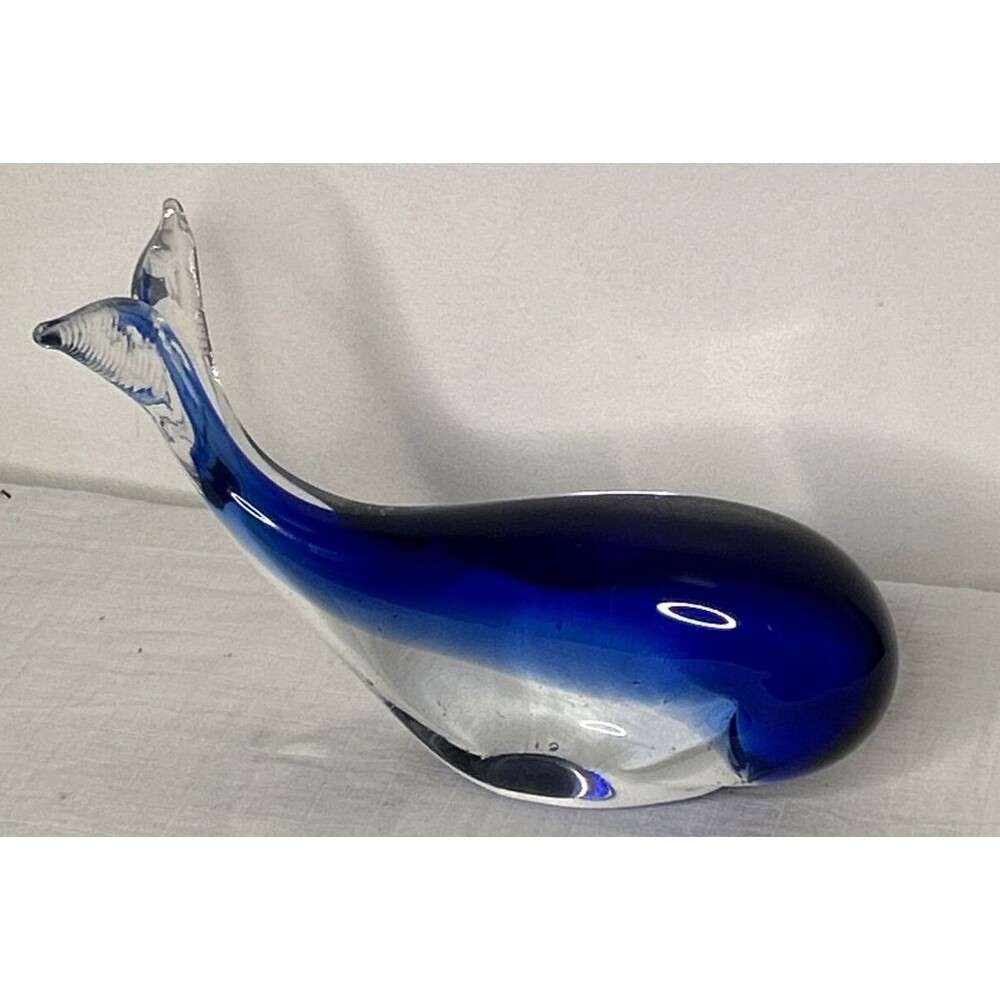 Vintage Blown Glass Whale Cobalt Blue Art Whale Sculpture Crystal Clear China 9"